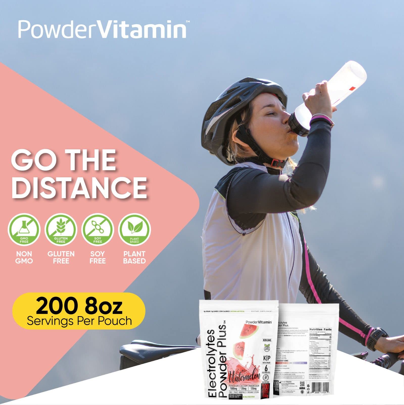 PowderVitamin Electrolytes Plus bottle packaging emphasizes keto-friendly electrolyte support