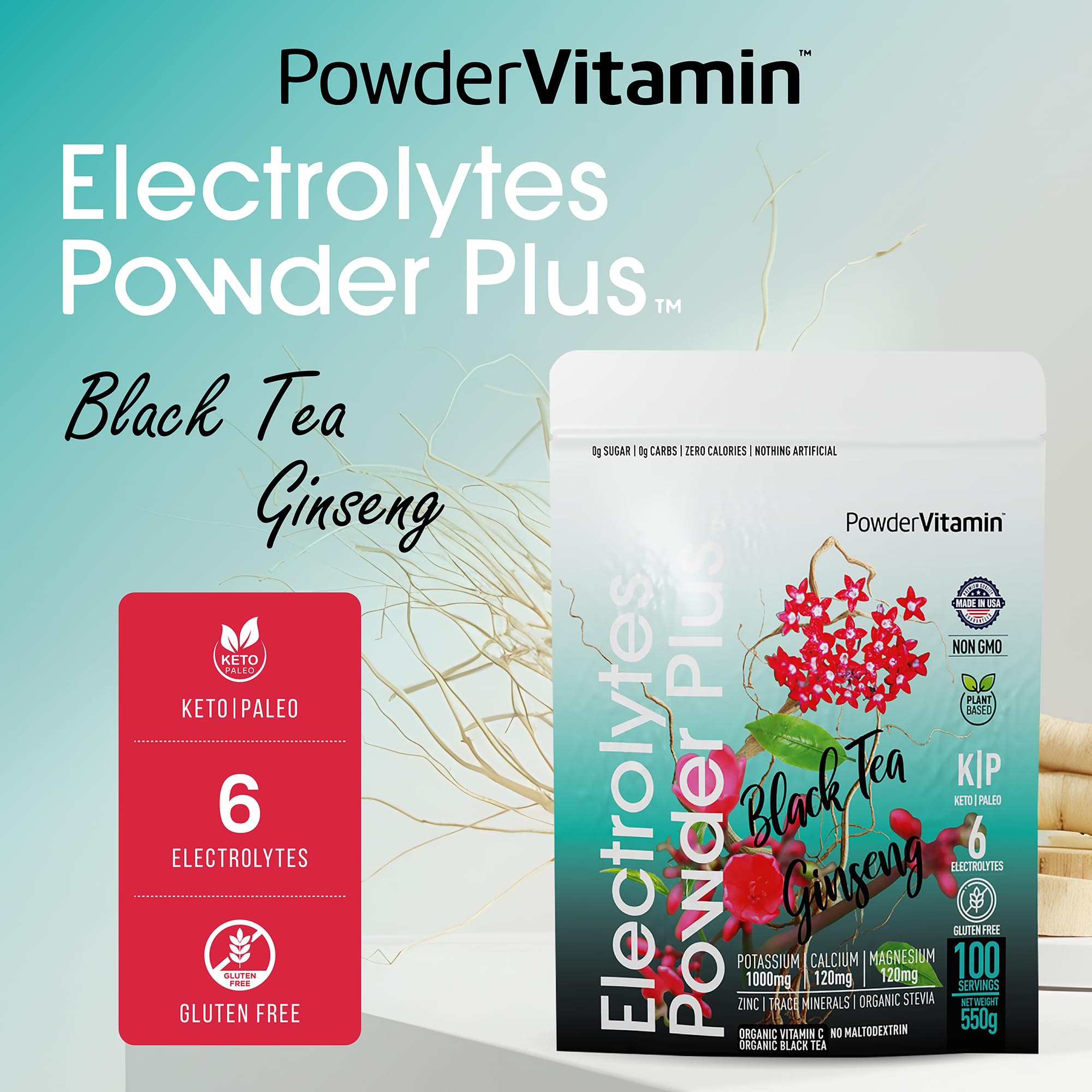PowderVitamin Electrolytes Powder Plus pouch shows 100 servings for convenient hydration.