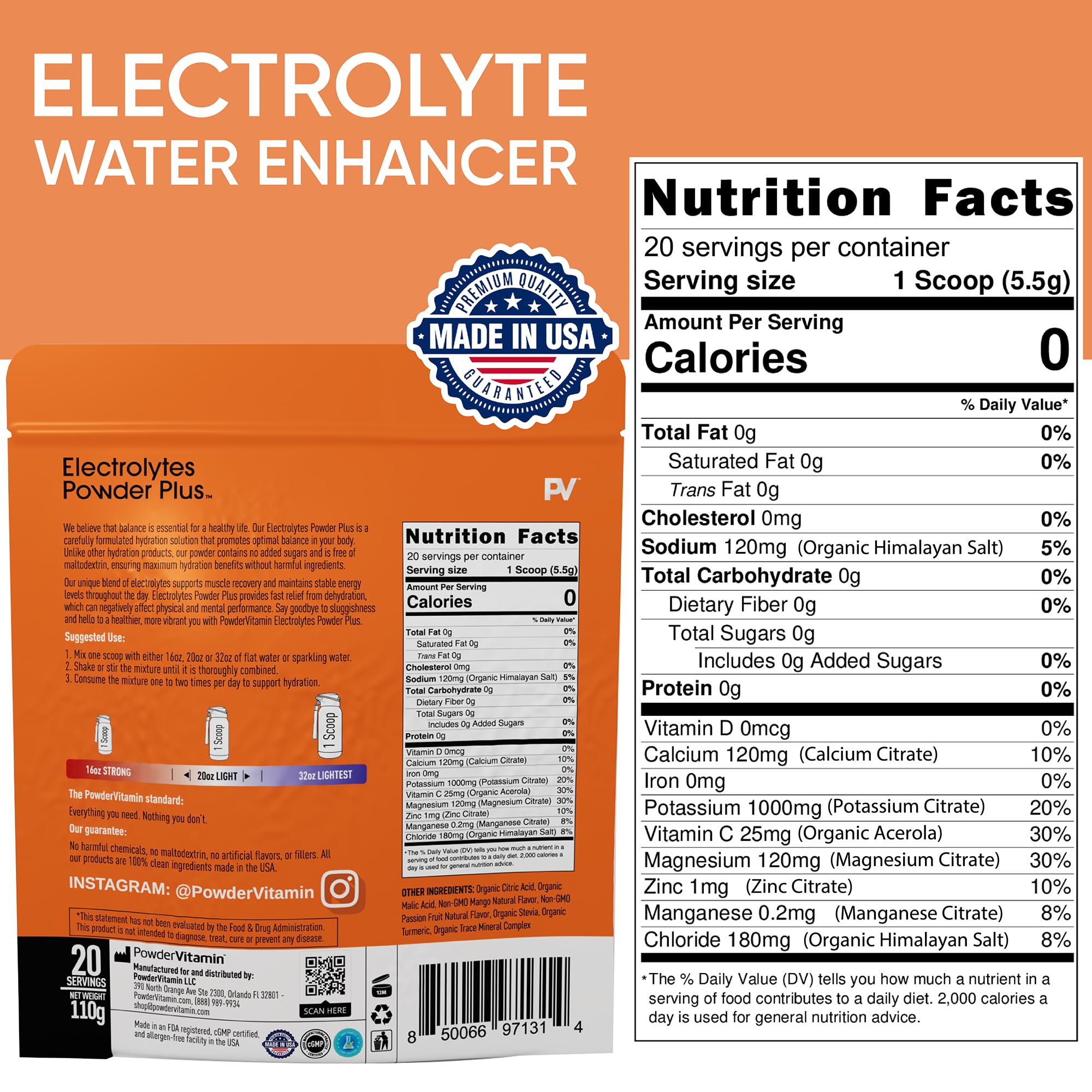 PowderVitamin Electrolytes Powder Plus 20-serving container displayed for convenient hydration