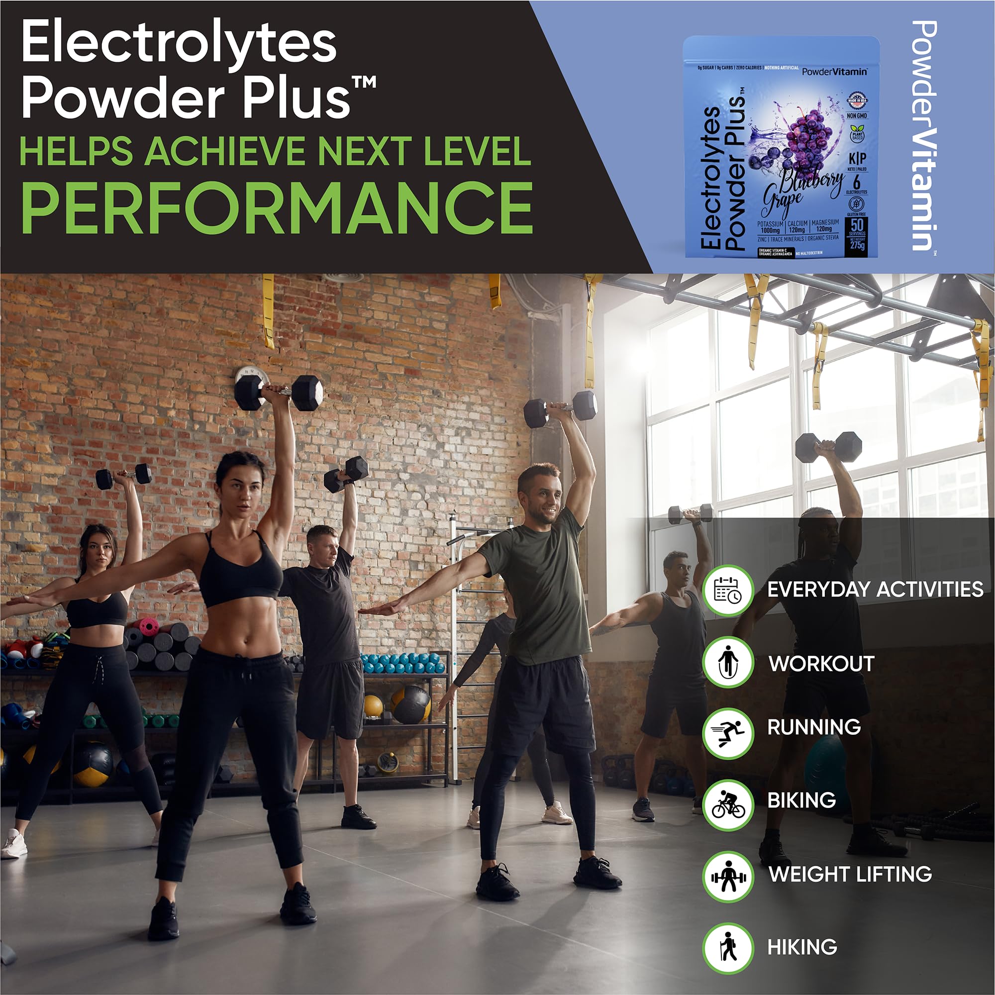 PowderVitamin Electrolytes Plus 50-serving pouch for on-the-go hydration.