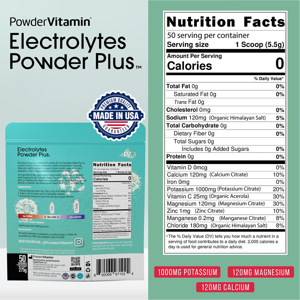 PowderVitamin Electrolytes Powder Plus 50 servings pouch highlights sugar-free hydration.