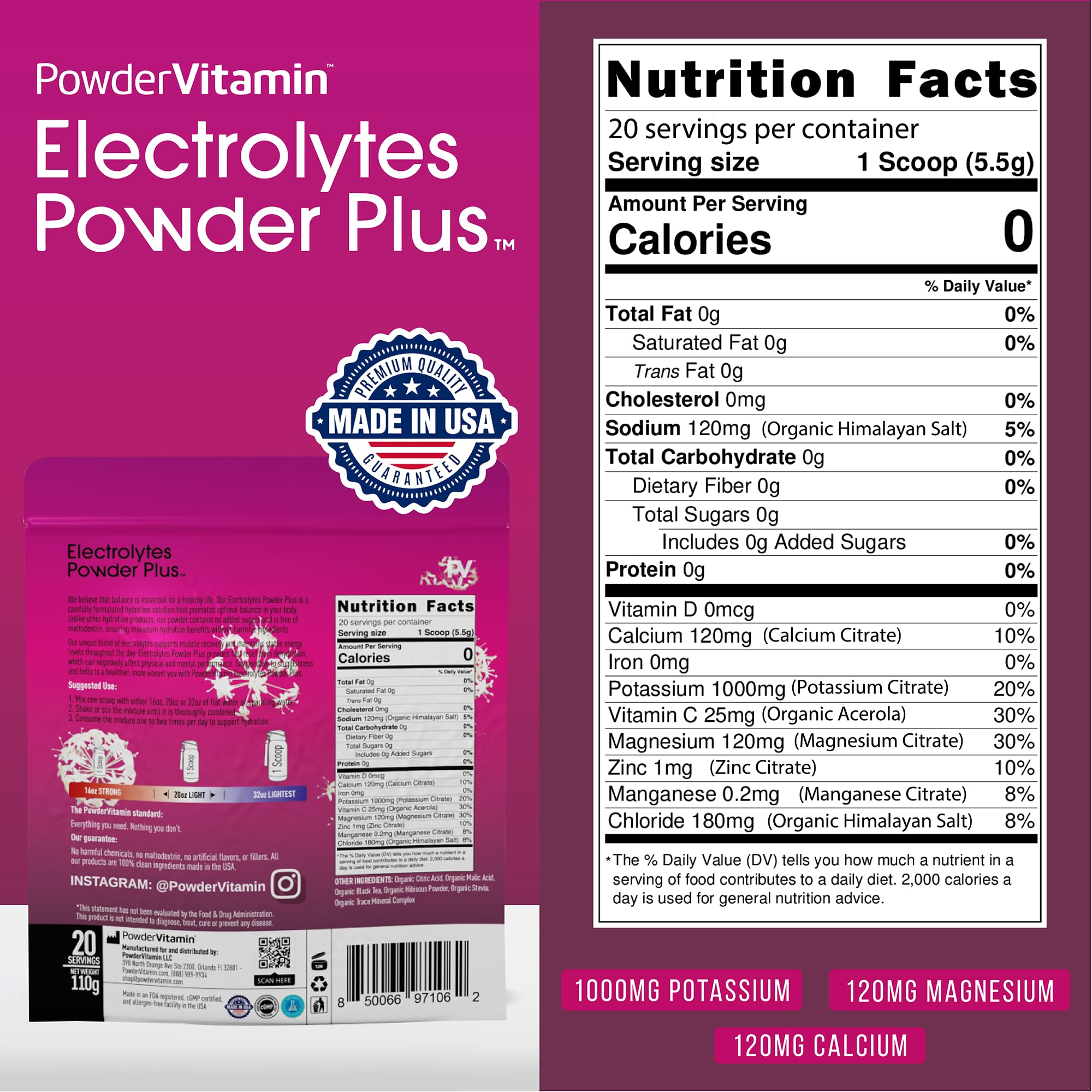 PowderVitamin Electrolytes Powder Plus black-tea-hibiscus-flavor refreshing hydration.