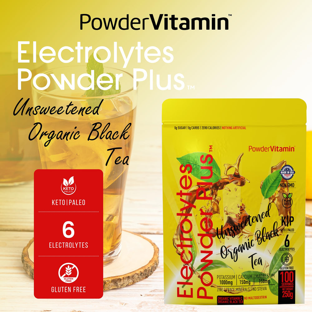 PowderVitamin Electrolytes Powder Plus unsweetened black tea flavor with no sugar