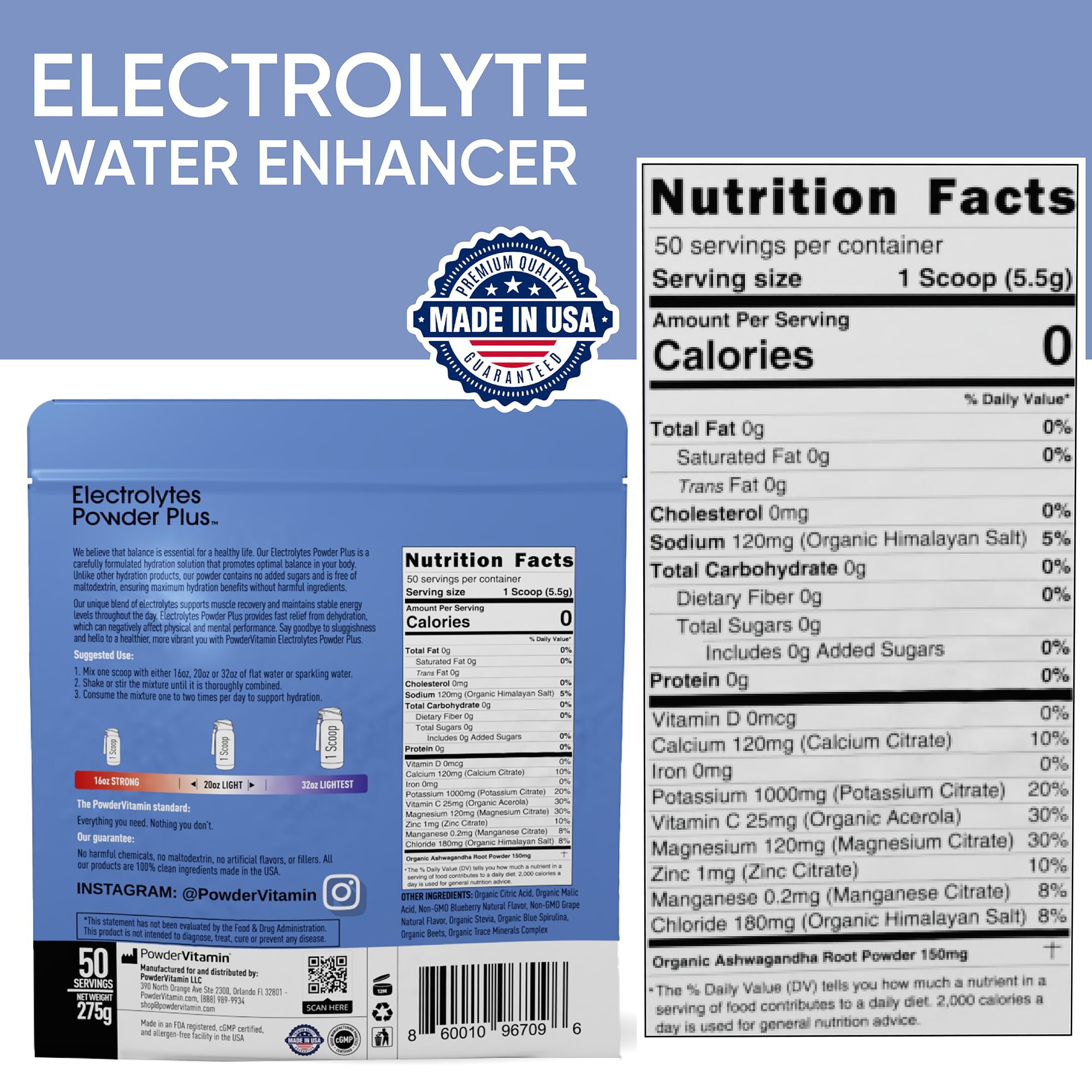 PowderVitamin Electrolytes Plus in a glass of water shows zero calories.
