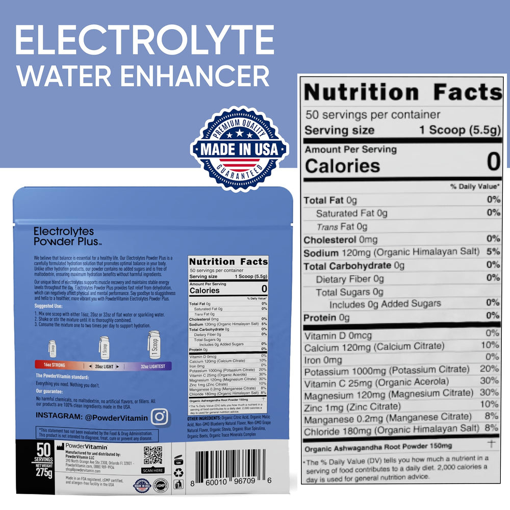 PowderVitamin Electrolytes Plus in a glass of water shows zero calories.