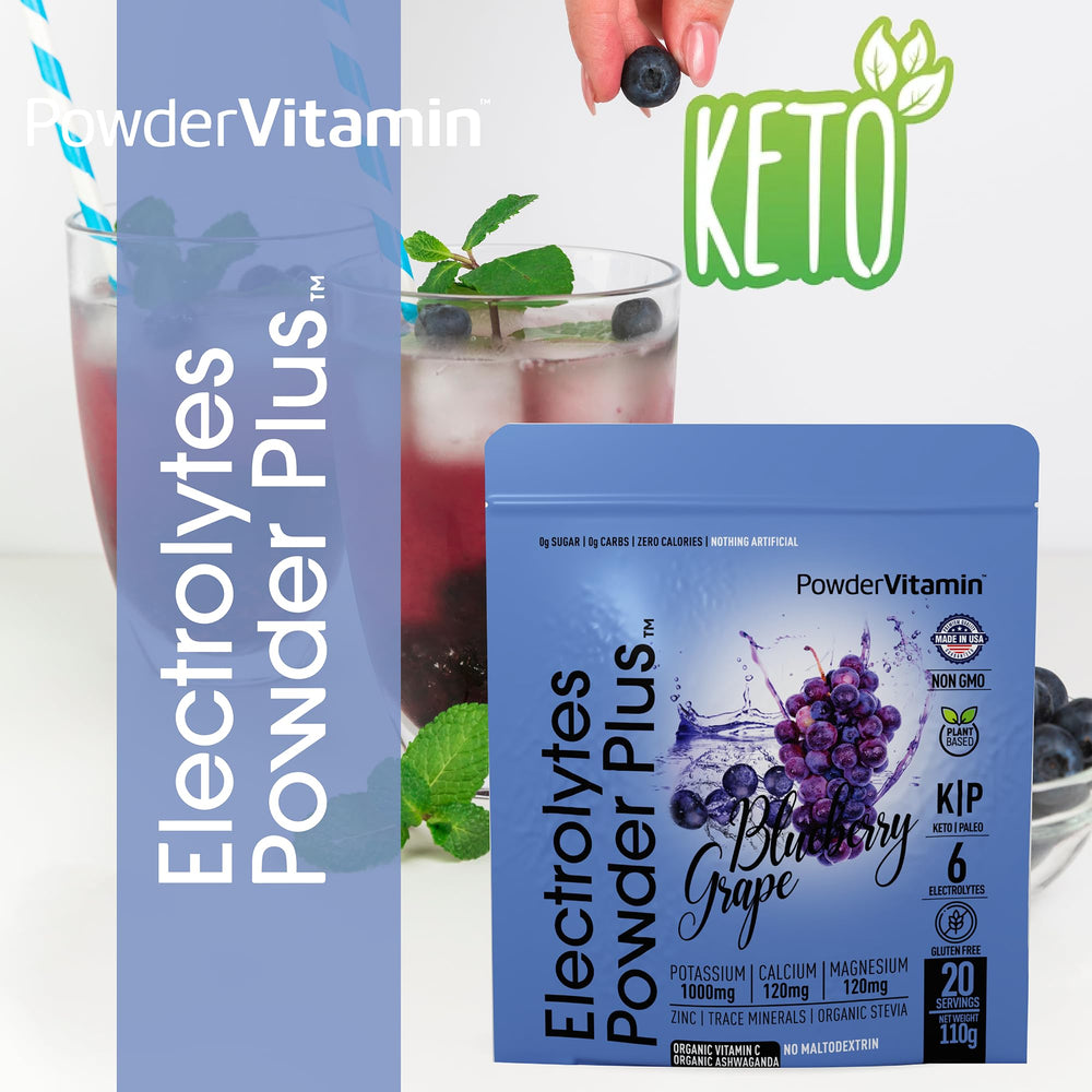 PowderVitamin Electrolytes Powder Plus Blueberry Grape glass shows prepared zero-calorie drink