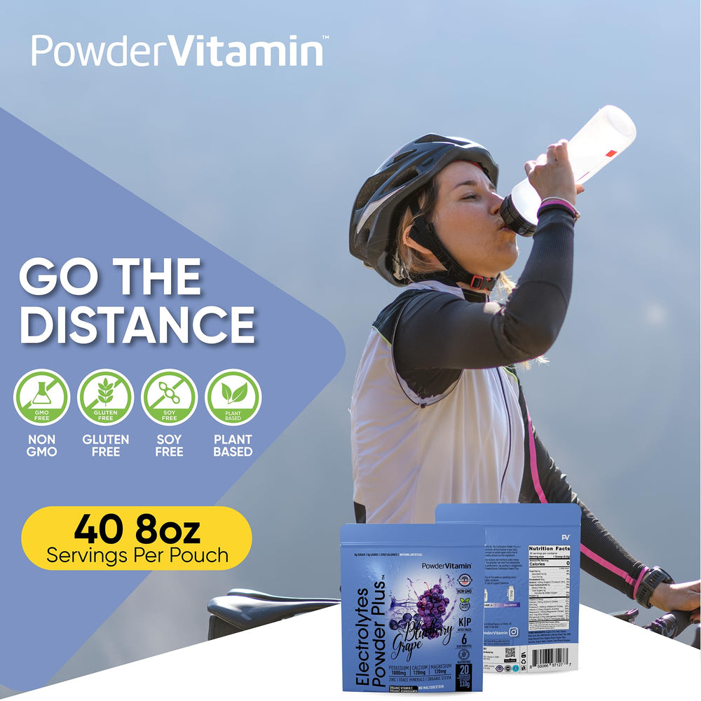 PowderVitamin Electrolytes Powder Plus Blueberry Grape label close-up shows clean formula