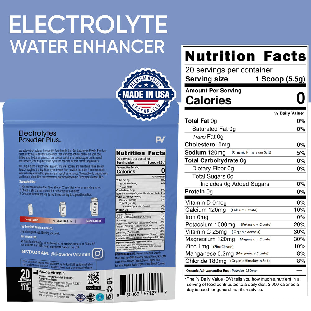 PowderVitamin Electrolytes Powder Plus Blueberry Grape pouch highlights portable hydration
