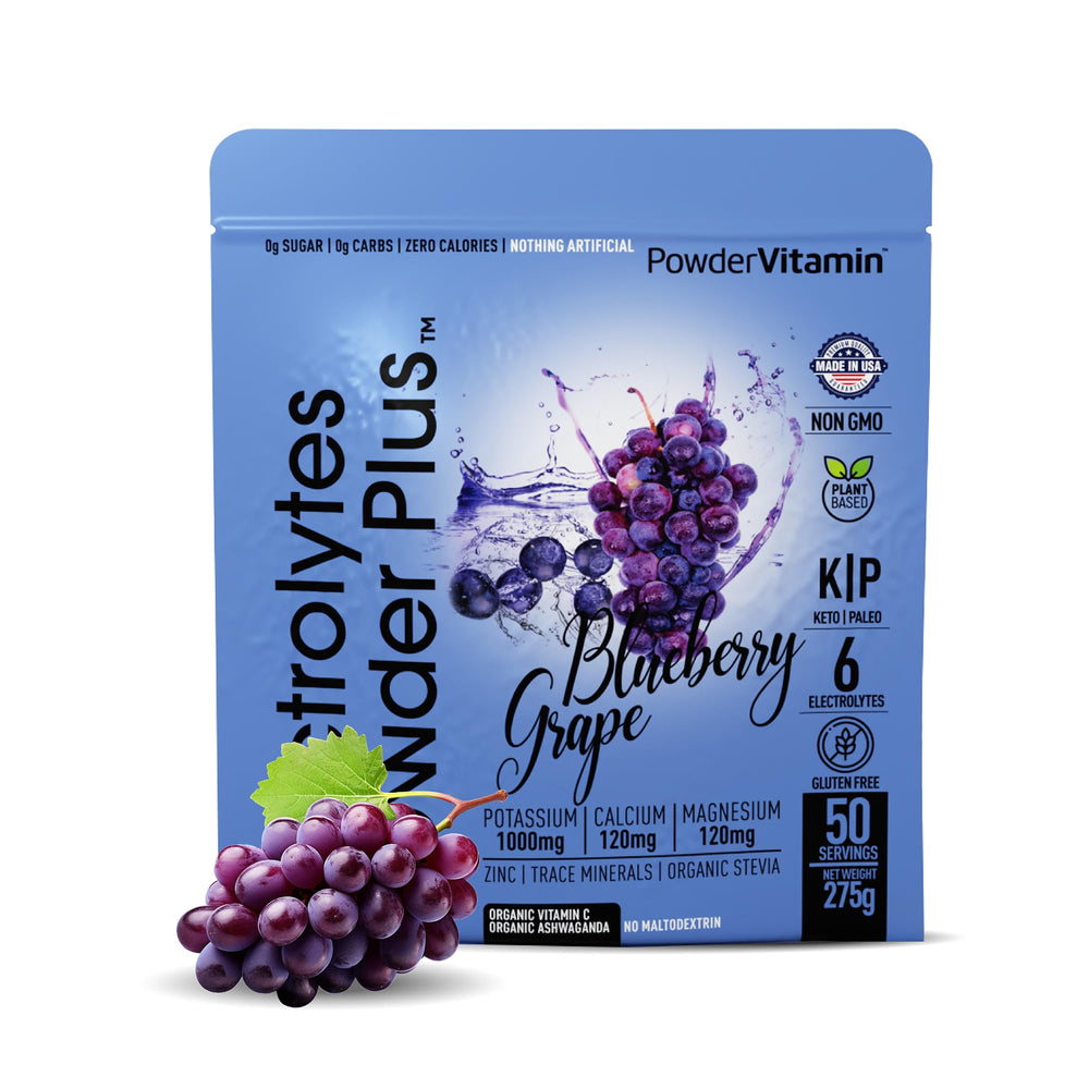 PowderVitamin Electrolytes Plus Blueberry Grape powder with scoop ready to mix.