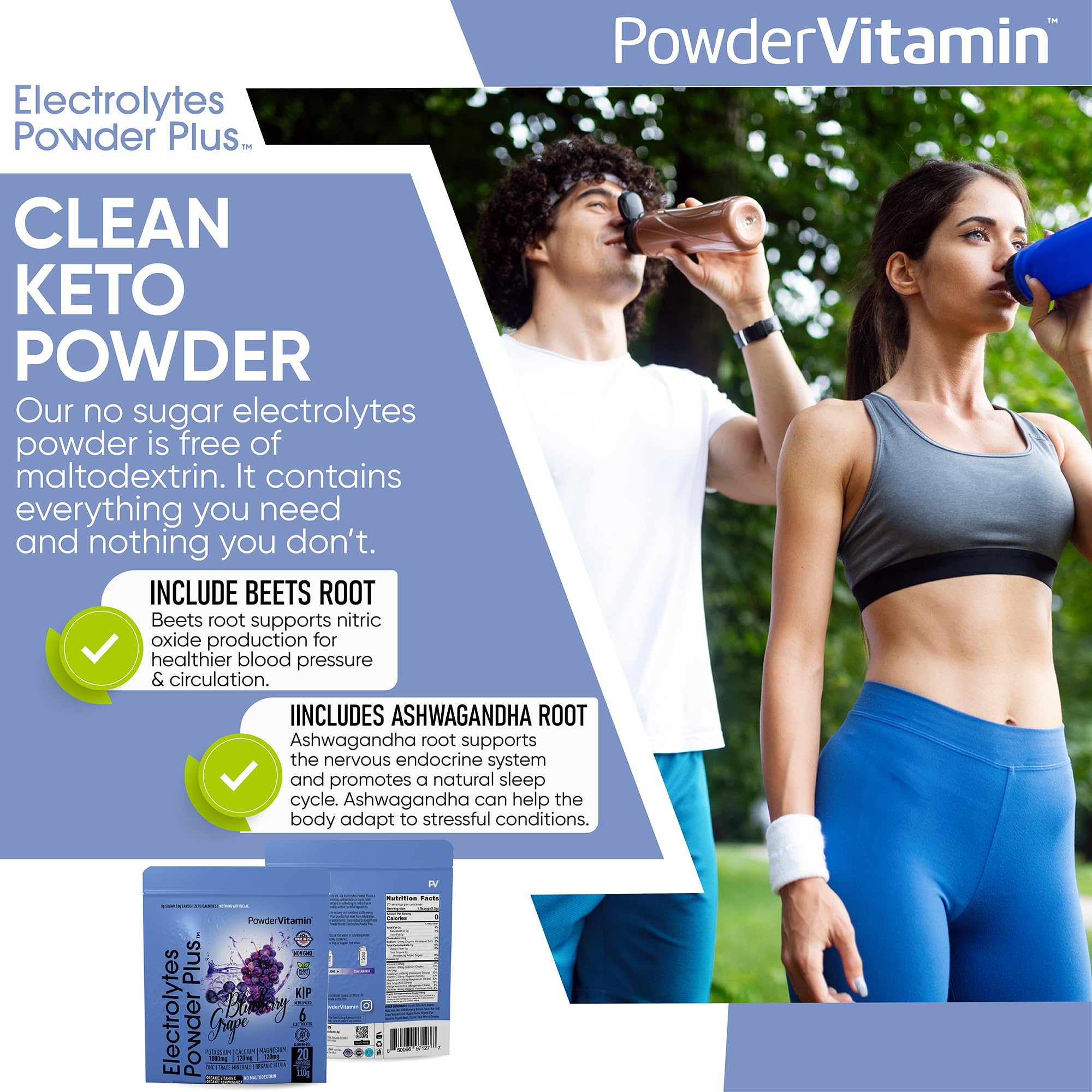 PowderVitamin Electrolytes Powder Plus Blueberry Grape travel tin supports on-the-go hydration