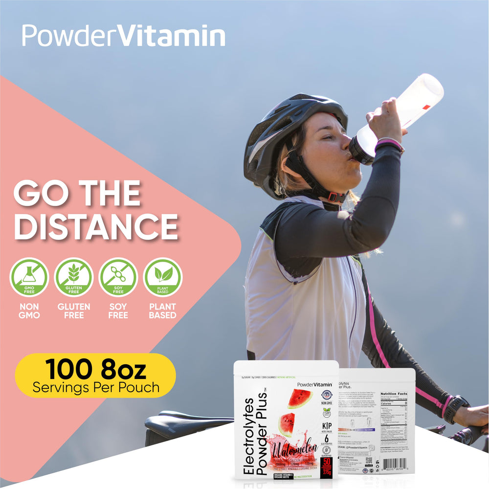 PowderVitamin Electrolytes Plus dissolving in sparkling water for refreshing hydration