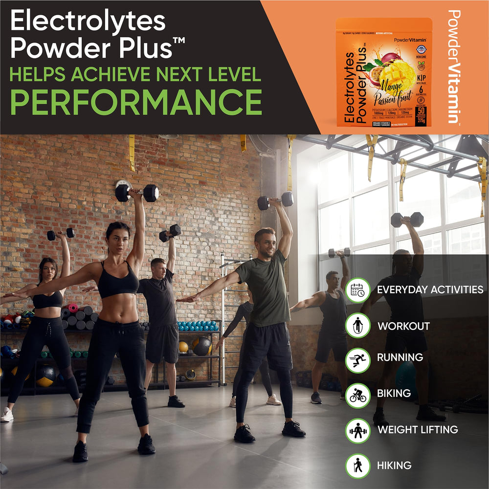 PowderVitamin Electrolytes Powder Plus resealable pouch ideal for travel and gym
