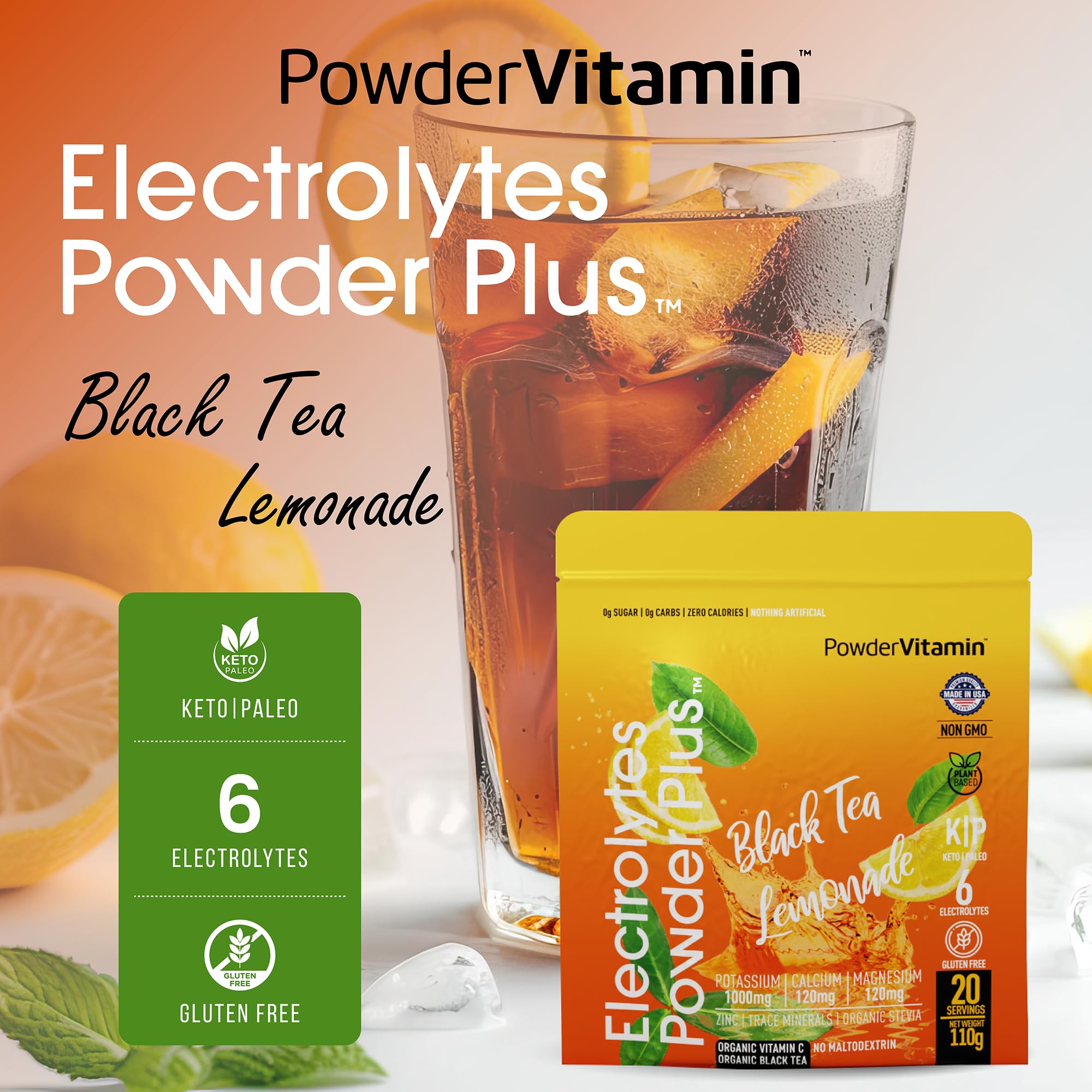 PowderVitamin Electrolytes Plus in glass with Black Tea Lemonade flavor for keto hydration