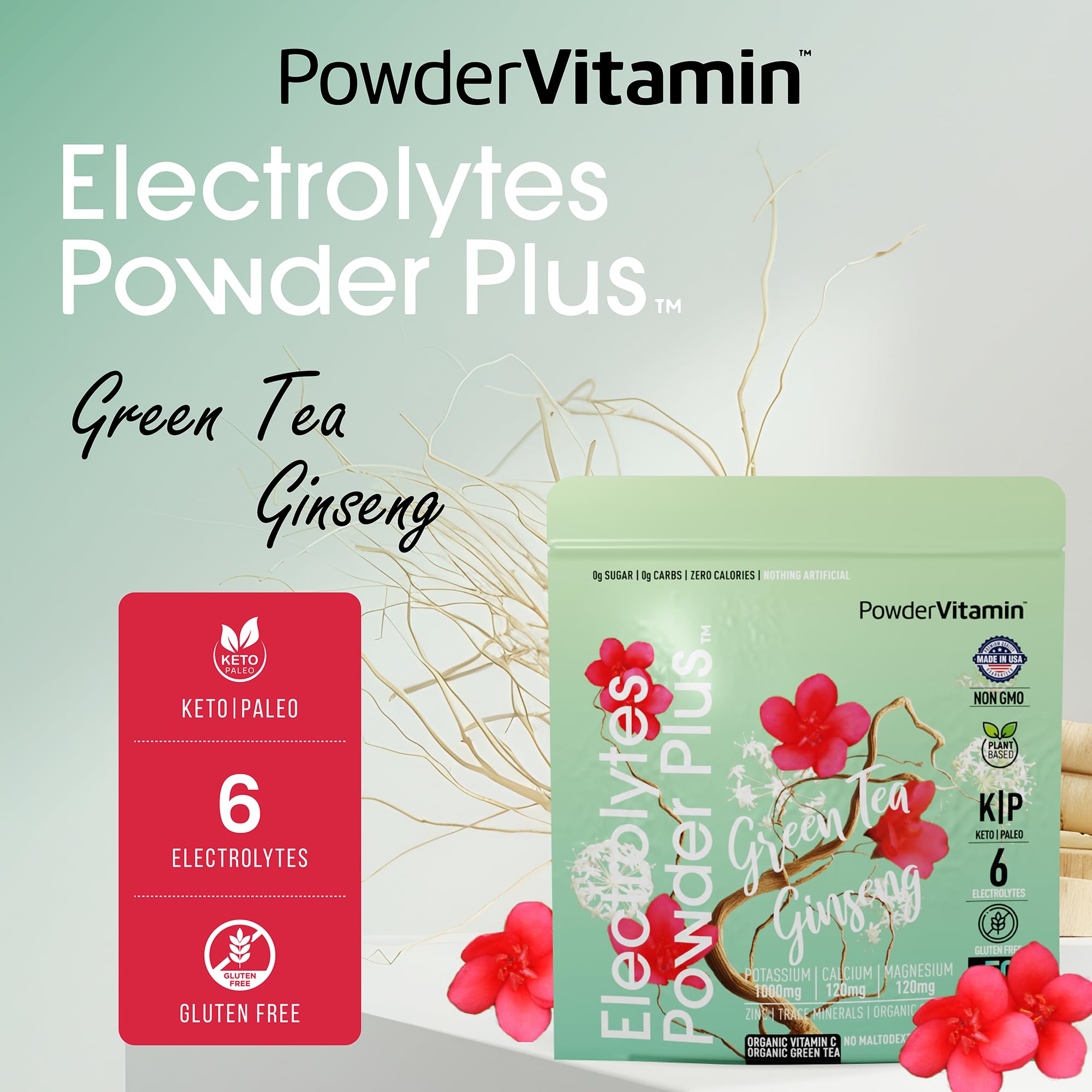 PowderVitamin Electrolytes Powder Plus glass of prepared drink highlighting color and clarity.