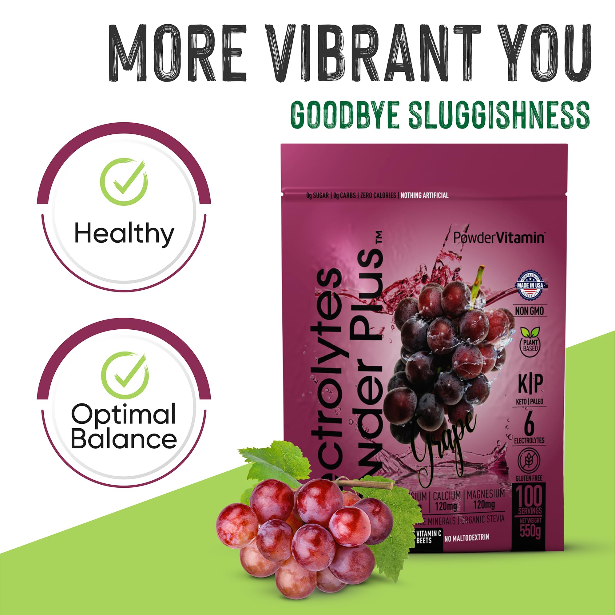 PowderVitamin Electrolytes Plus glass with grape-flavored hydration.