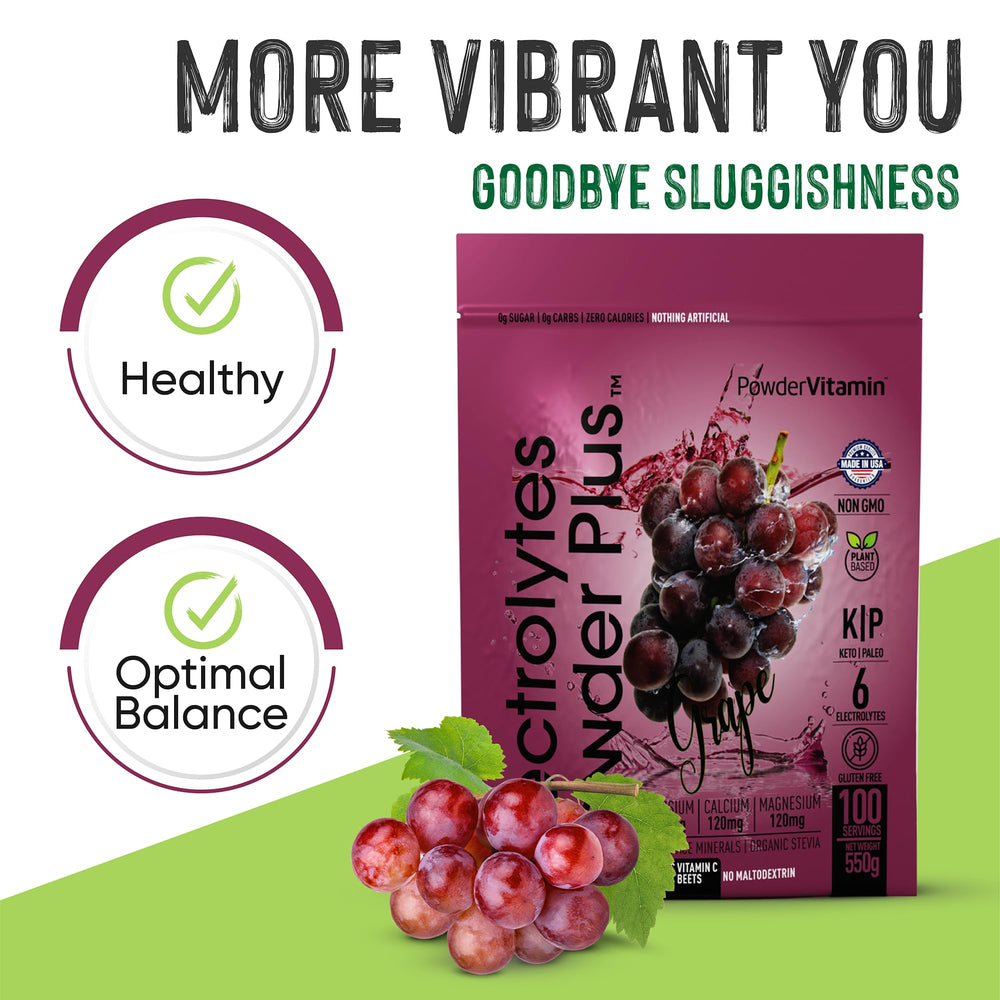 PowderVitamin Electrolytes Plus glass with grape-flavored hydration.