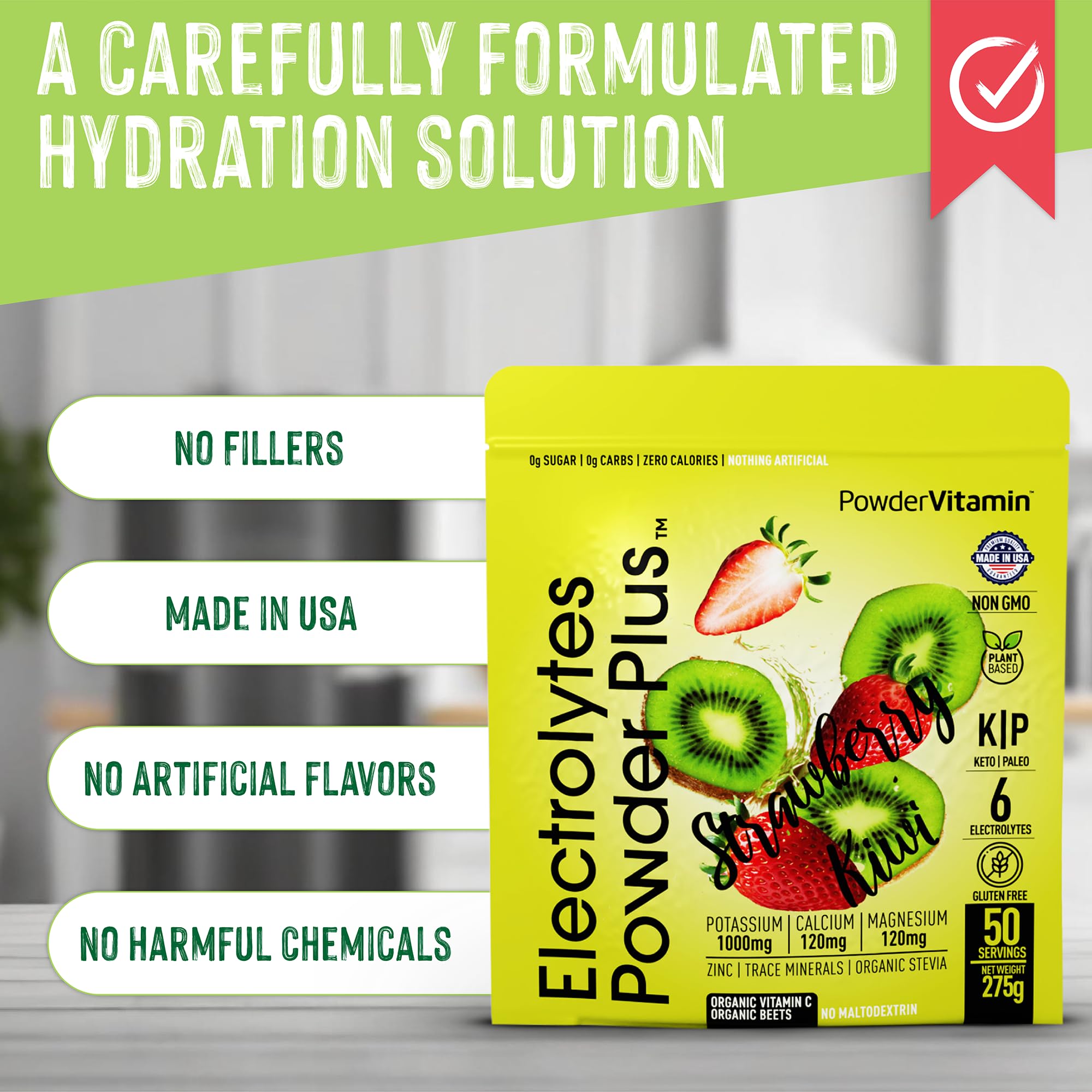 PowderVitamin Electrolytes Powder Plus label highlights zero sugar and no maltodextrin.