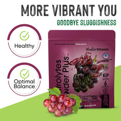 PowderVitamin Electrolytes Plus grape drink poured in a glass