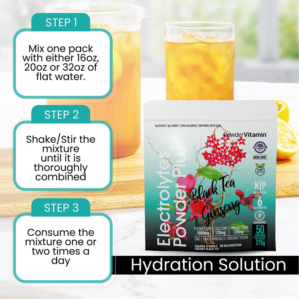 PowderVitamin Electrolytes Powder Plus glass of water with dissolving powder