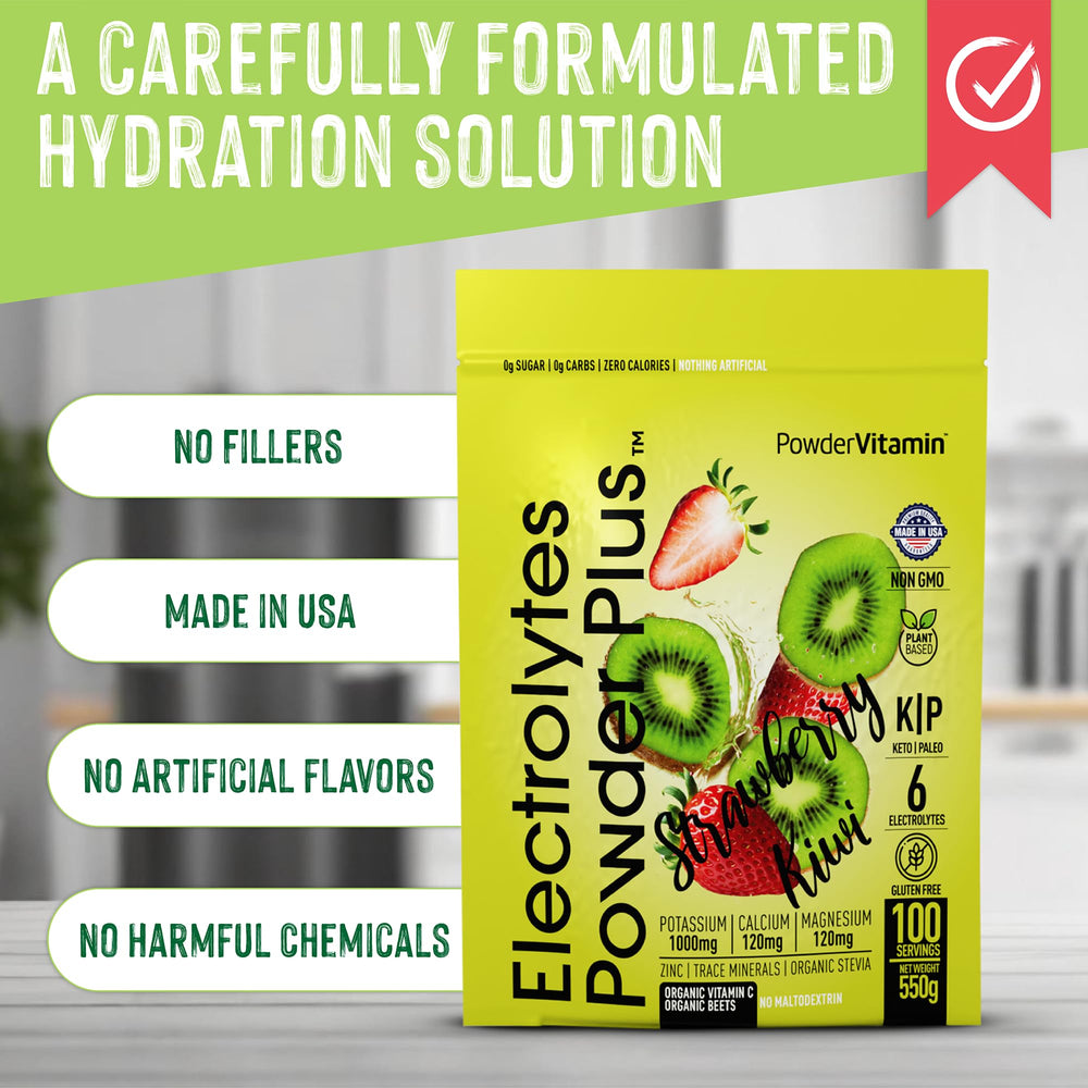 PowderVitamin Electrolytes Powder Plus glass with ice showcasing a flavorful electrolyte drink.