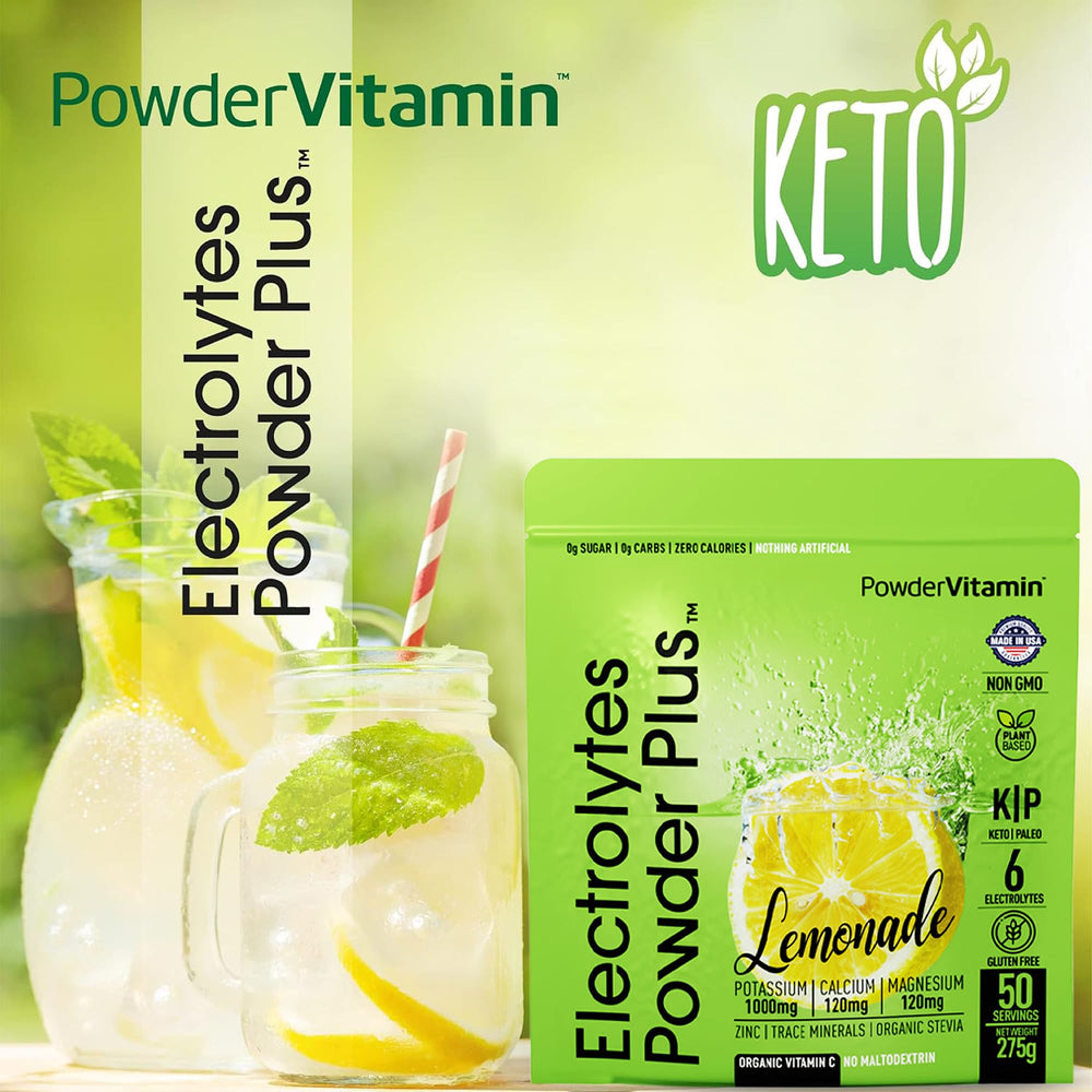 PowderVitamin Electrolytes Plus glass shows refreshing lemonade hydration.