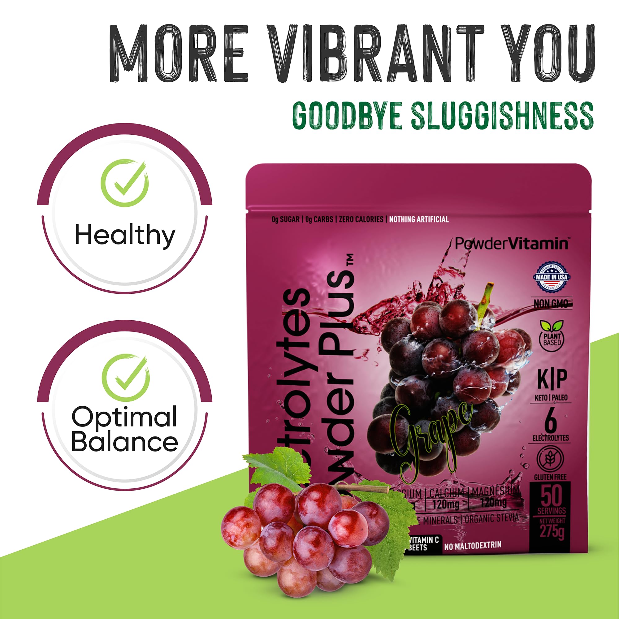 PowderVitamin Electrolytes Plus grape glass presents a refreshing, calorie-free hydration option