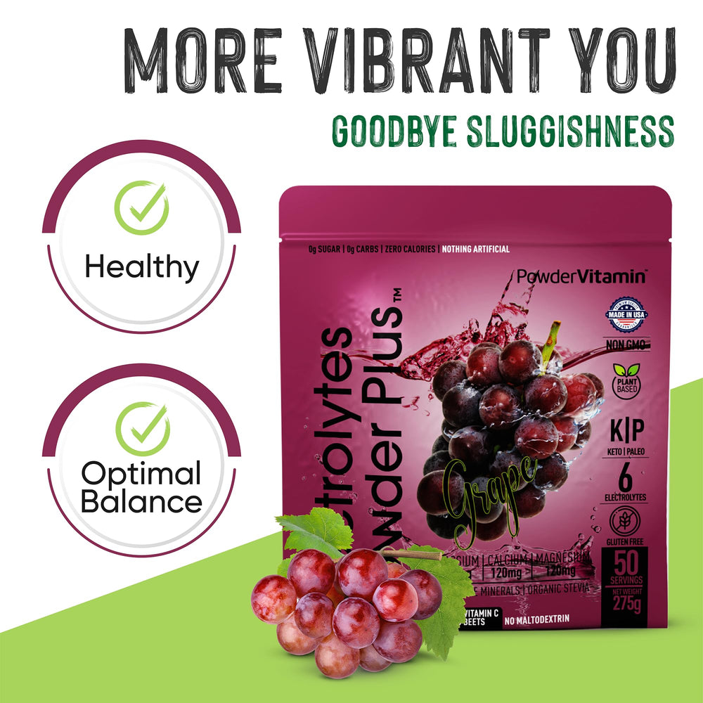 PowderVitamin Electrolytes Plus grape glass presents a refreshing, calorie-free hydration option