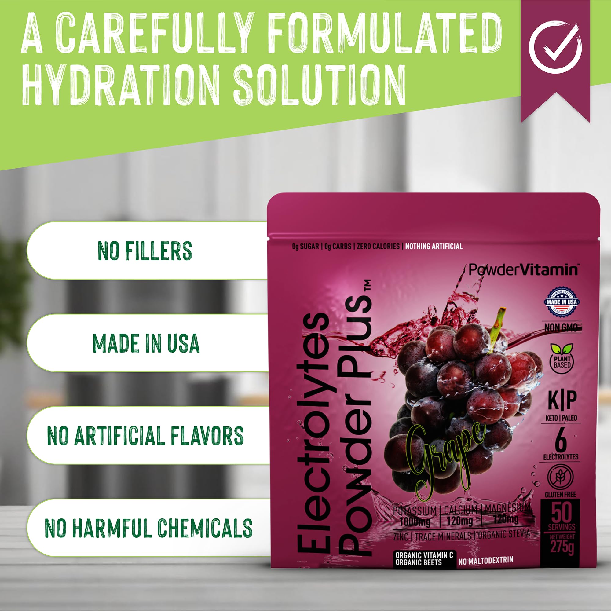 PowderVitamin Electrolytes Plus grape ingredients highlight minerals for balance