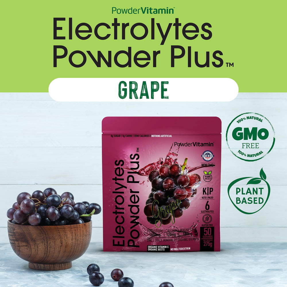 PowderVitamin Electrolytes Plus grape label notes zero sugar and no maltodextrin