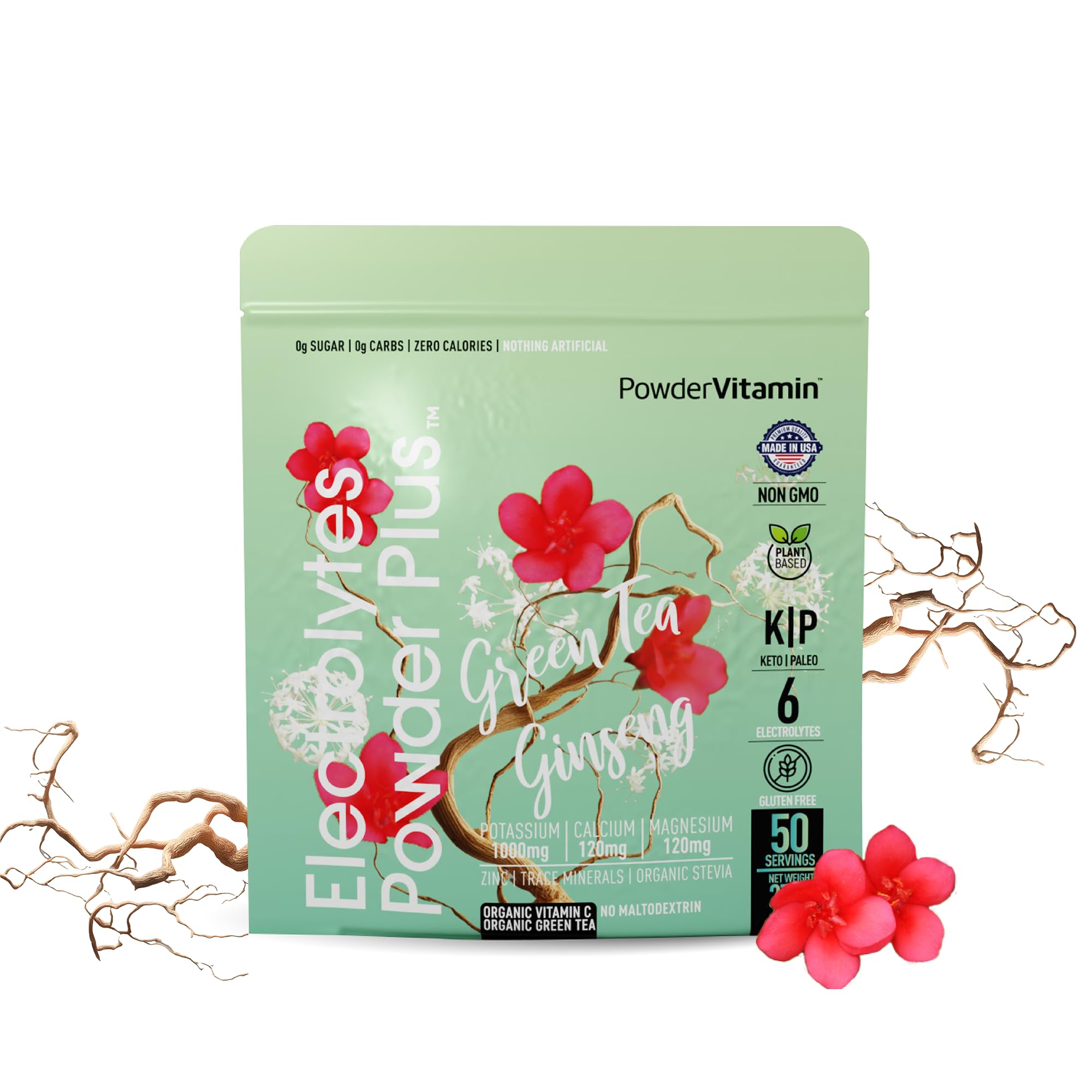 PowderVitamin Electrolytes Powder Plus green tea ginseng bottle for hydration on the go.