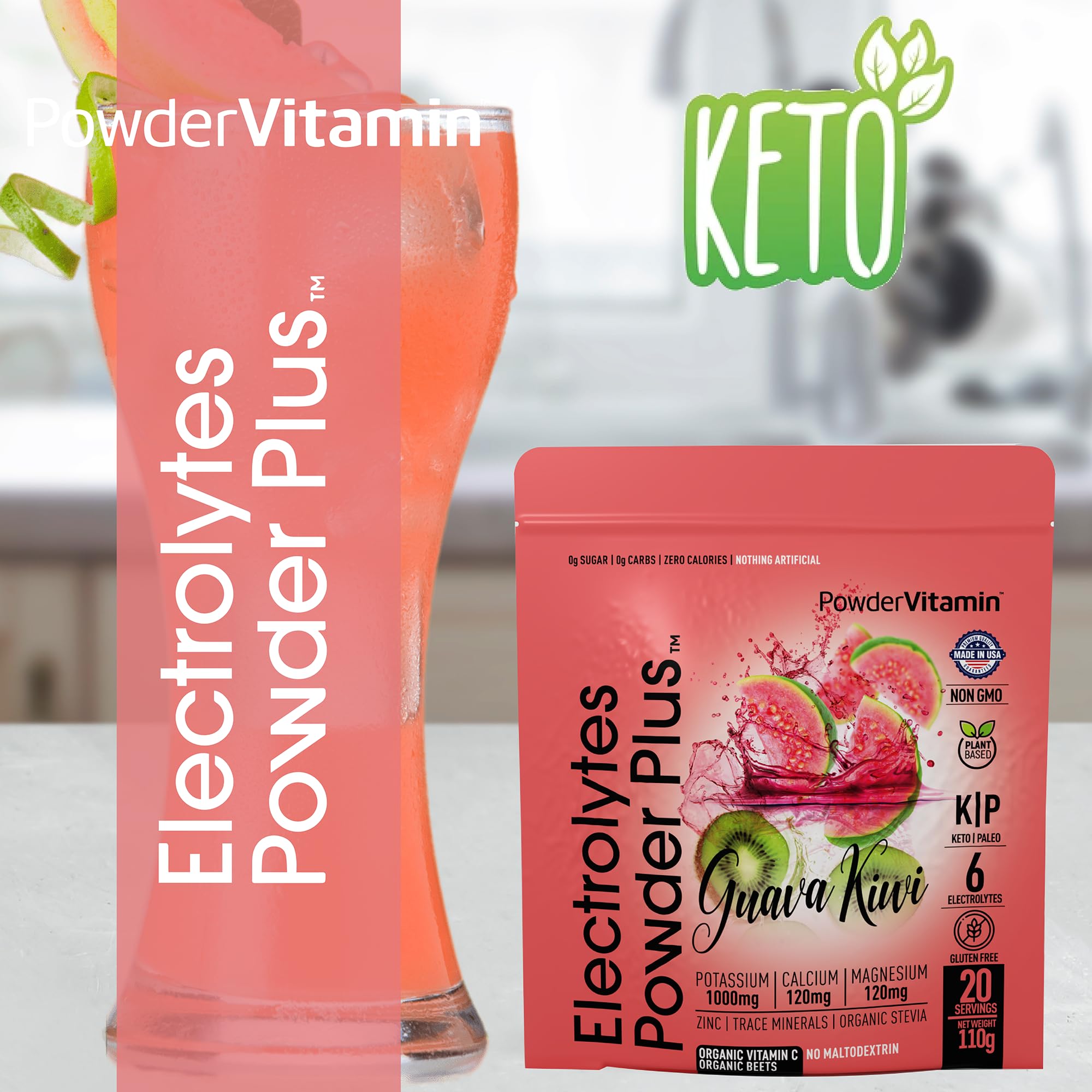 Glass of PowderVitamin Electrolytes Plus Guava Kiwi drink, refreshing and zero calories.
