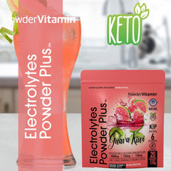 Glass of PowderVitamin Electrolytes Plus Guava Kiwi drink, refreshing and zero calories.