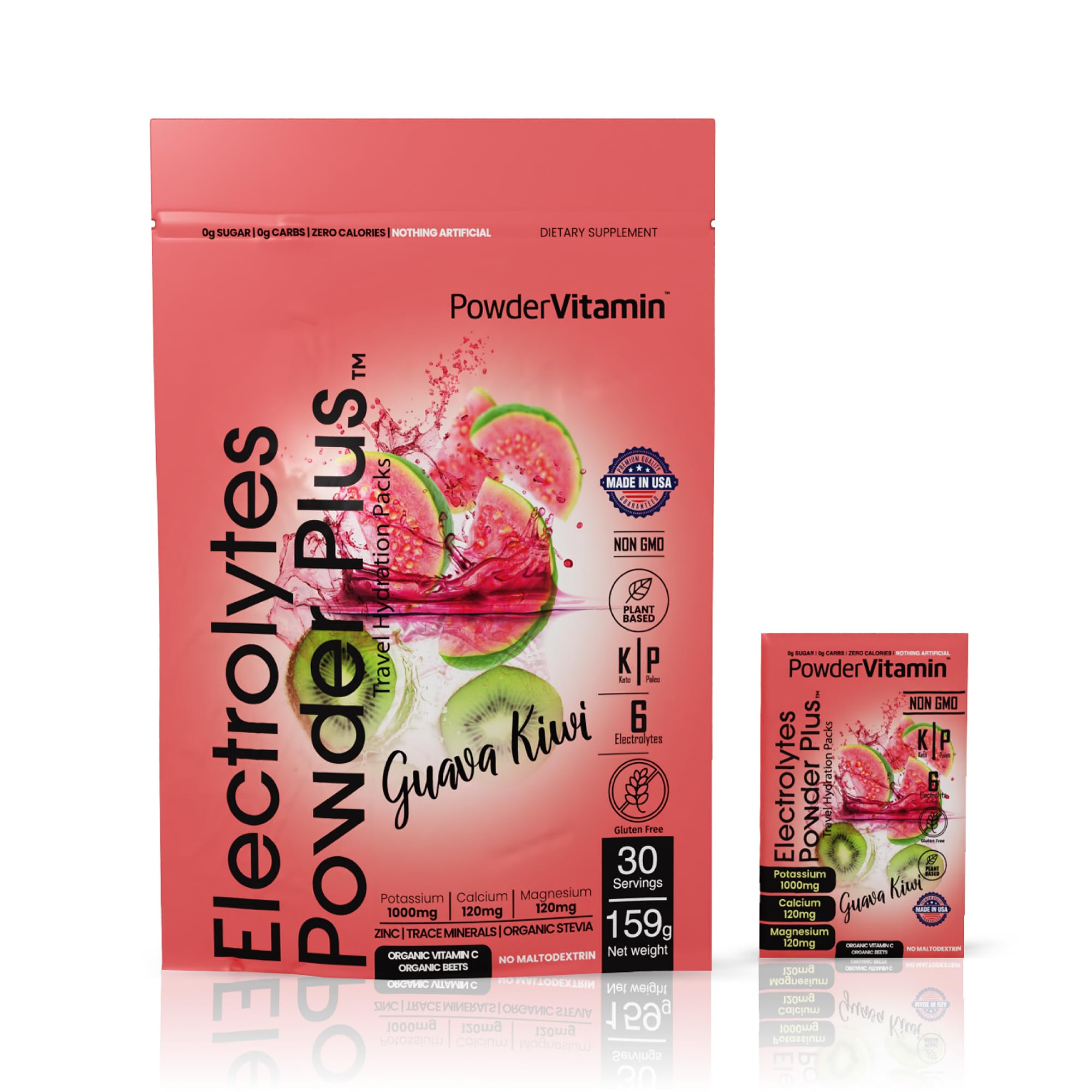 PowderVitamin Electrolytes Plus Guava Kiwi packets ready for keto hydration