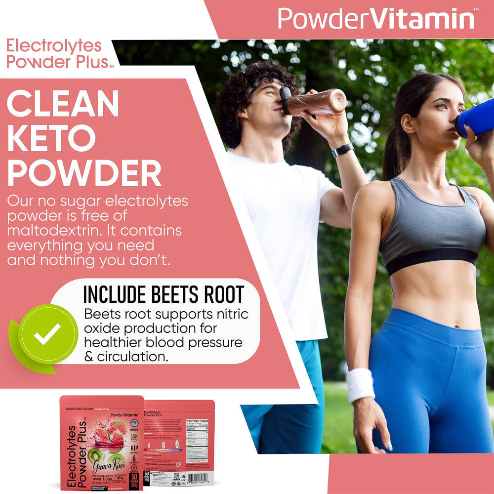 PowderVitamin Electrolytes Powder Plus resealable pouch highlights portability and sugar-free hydration.
