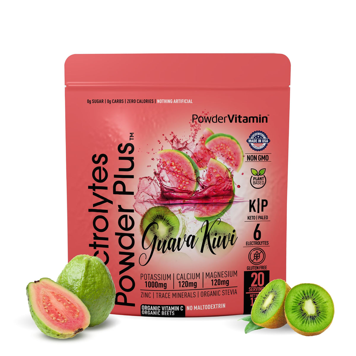 PowderVitamin Electrolytes Plus Guava Kiwi pouch for keto hydration without sugar.