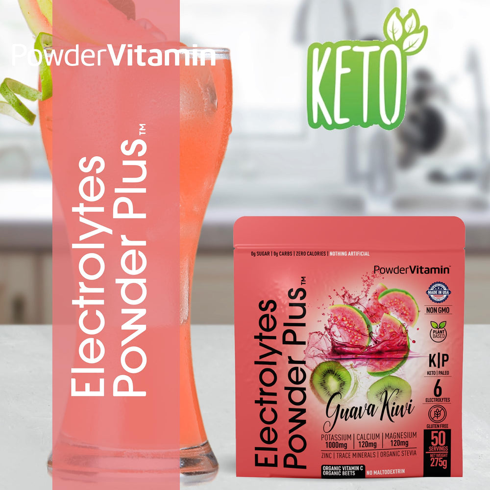 PowderVitamin Electrolytes Powder Plus scoop dissolving in water.