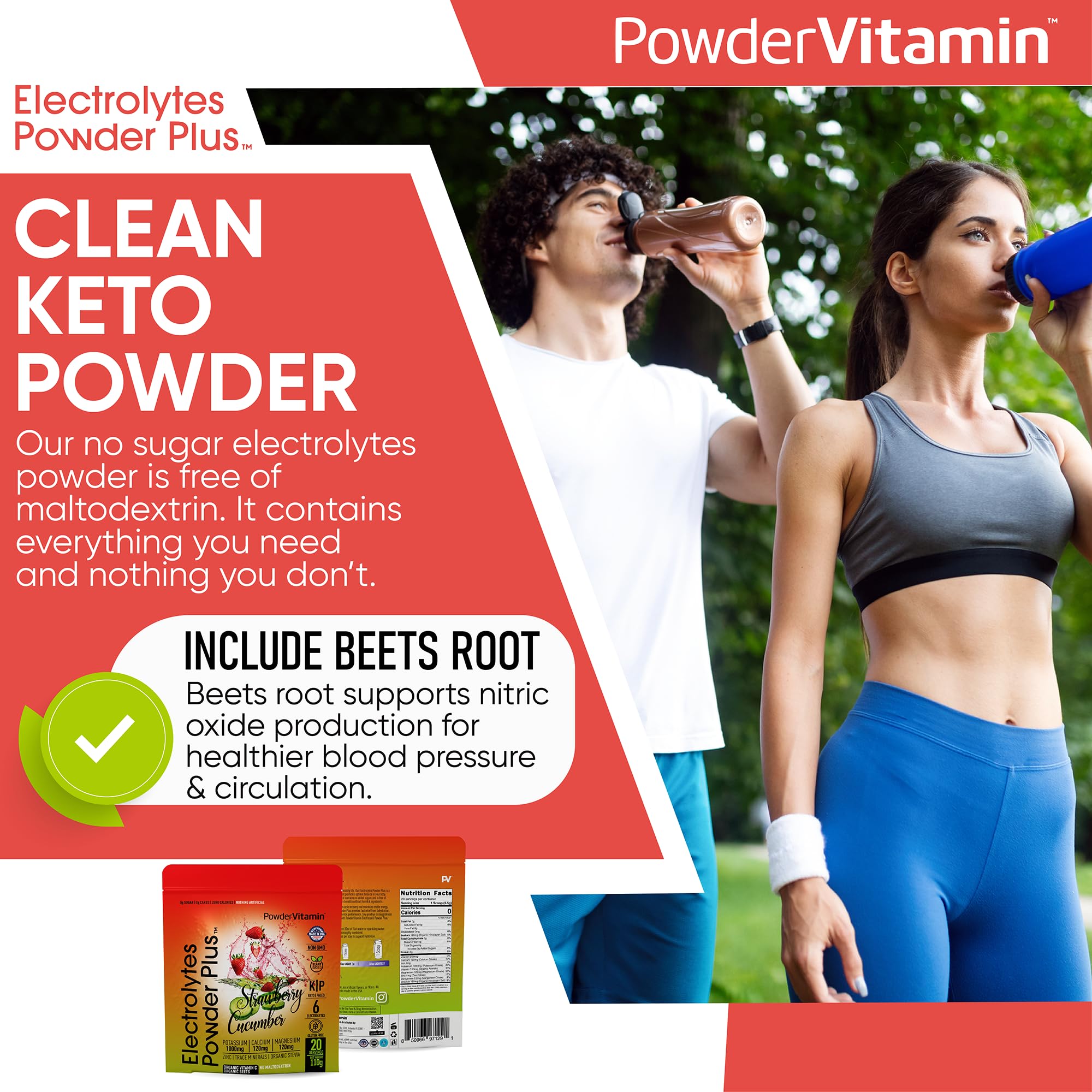 PowderVitamin Electrolytes Plus ingredients chart emphasizing minerals and vitamins.