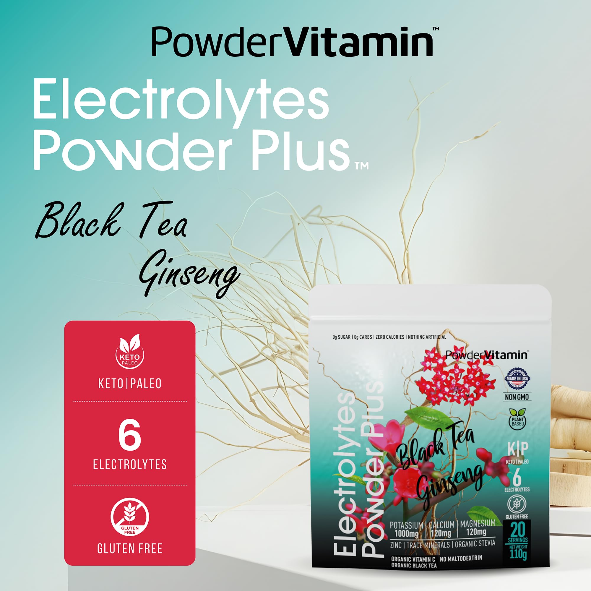 PowderVitamin Electrolytes Powder Plus close-up of minerals: potassium, calcium, magnesium