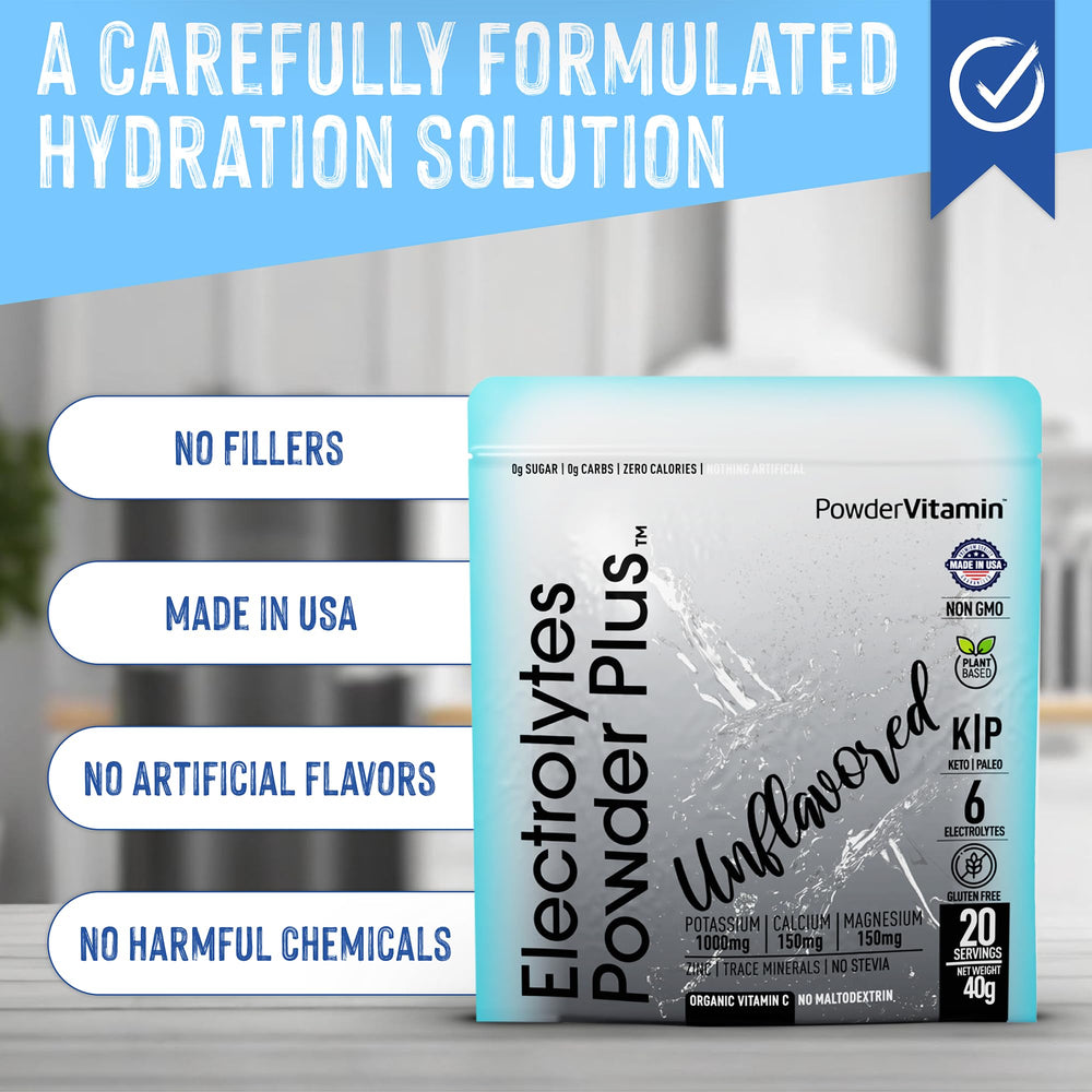 PowderVitamin Electrolytes Powder Plus close-up of ingredients label and clean formula