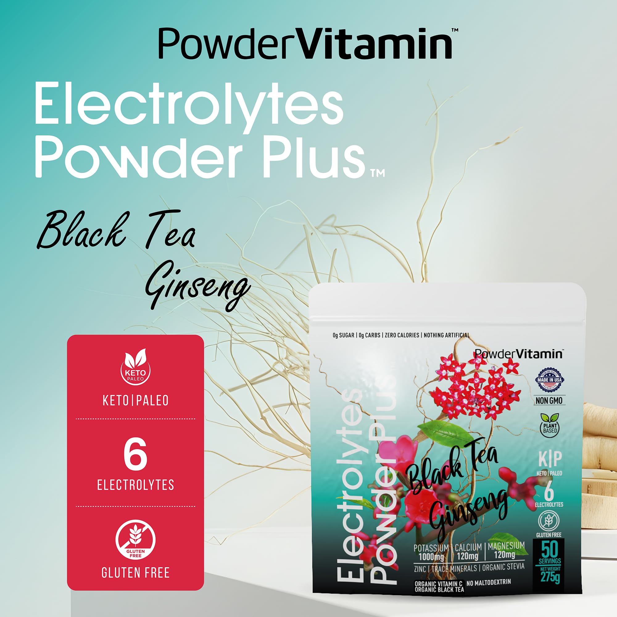 PowderVitamin Electrolytes Powder Plus ingredients panel showing no sugar
