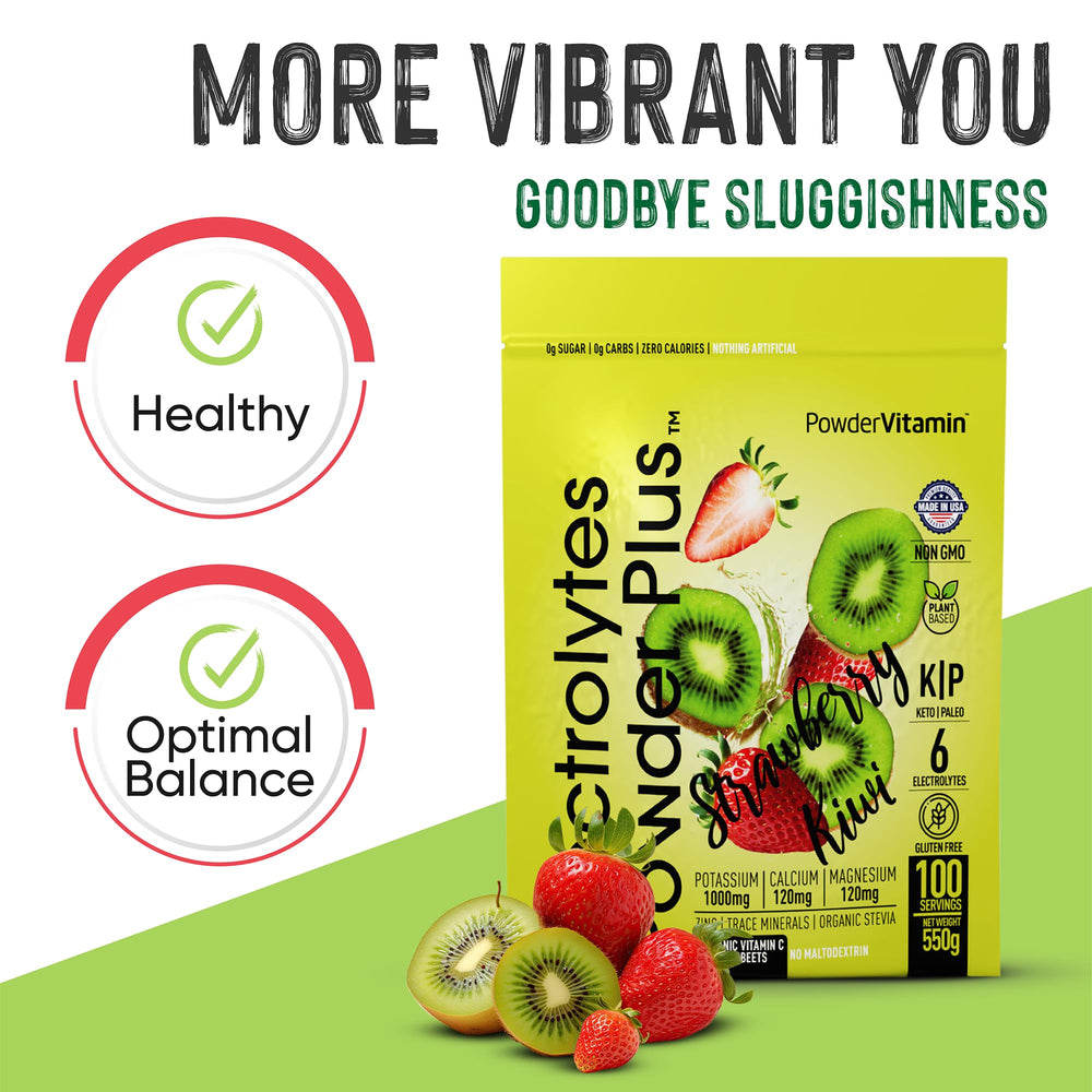 PowderVitamin Electrolytes Powder Plus ingredients panel emphasizing potassium calcium and magnesium.