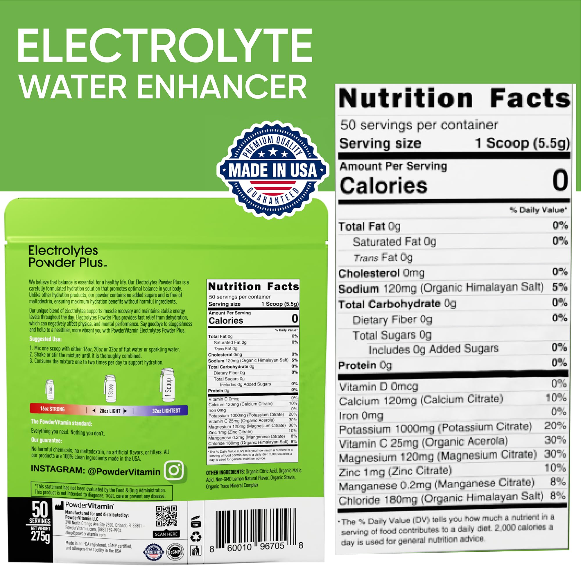 PowderVitamin Electrolytes Plus ingredients with essential minerals for hydration.