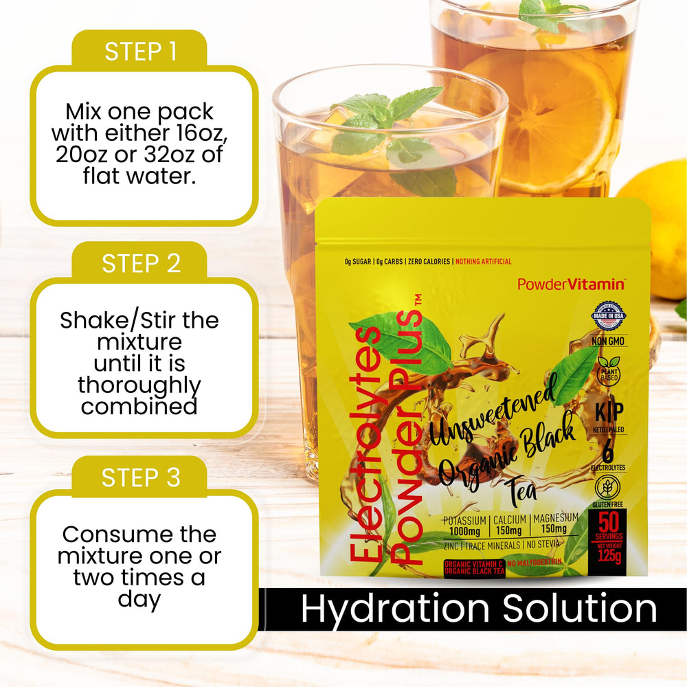 PowderVitamin Electrolytes Plus powder on a kitchen counter.