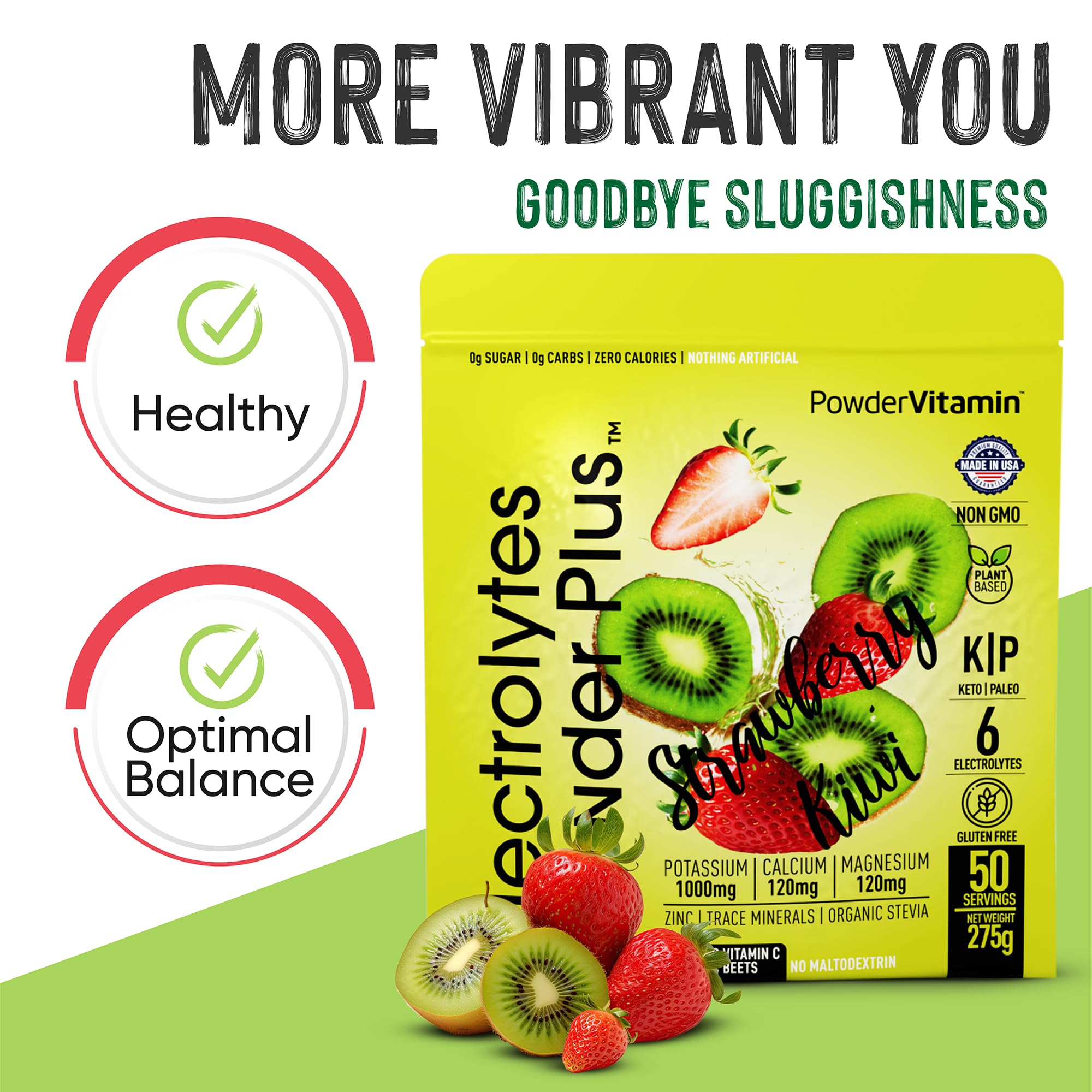 PowderVitamin Electrolytes Powder Plus kitchen scene suggests daily hydration routine.