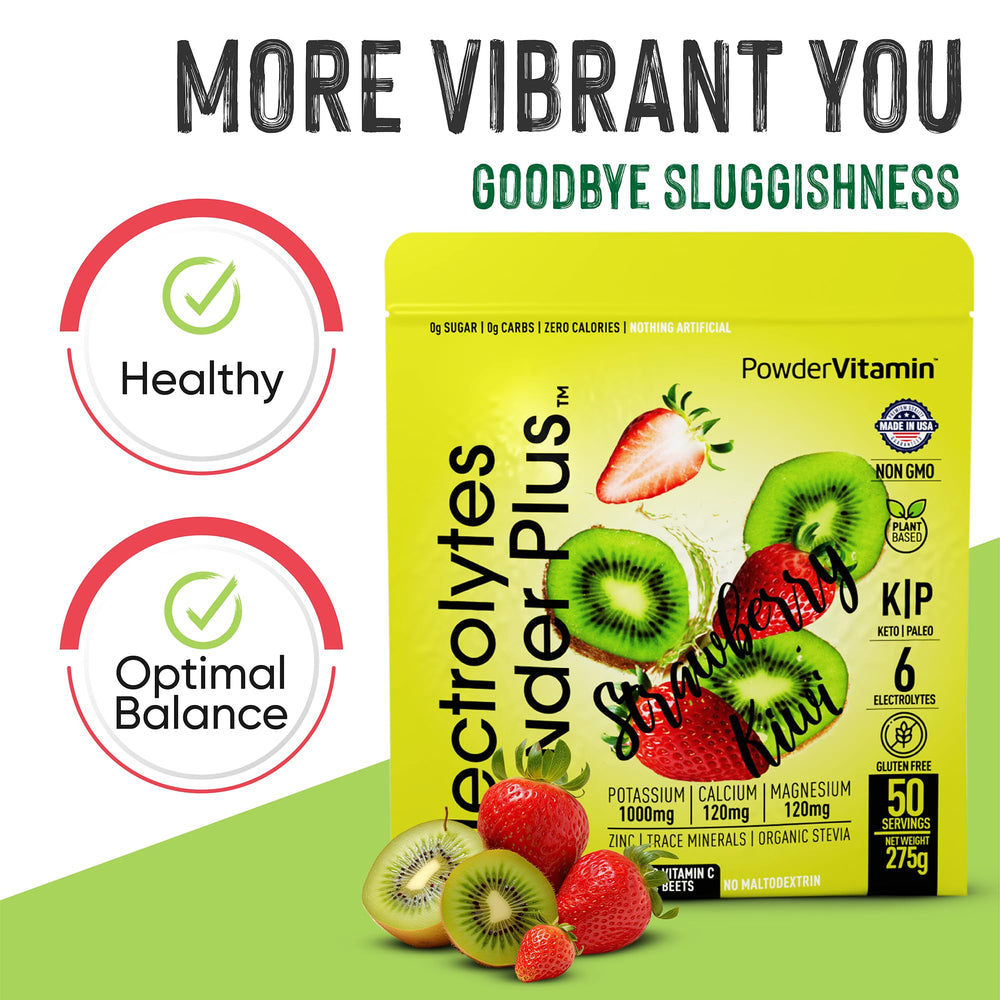 PowderVitamin Electrolytes Powder Plus kitchen scene suggests daily hydration routine.