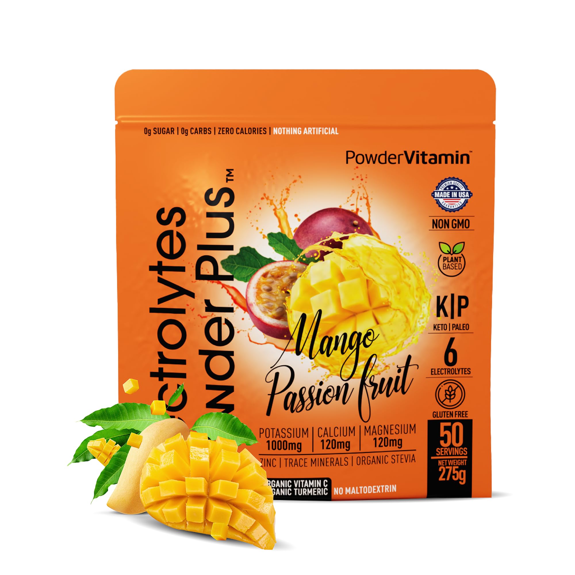PowderVitamin Electrolytes Powder Plus Mango Passionfruit bottle pour for on-the-go hydration
