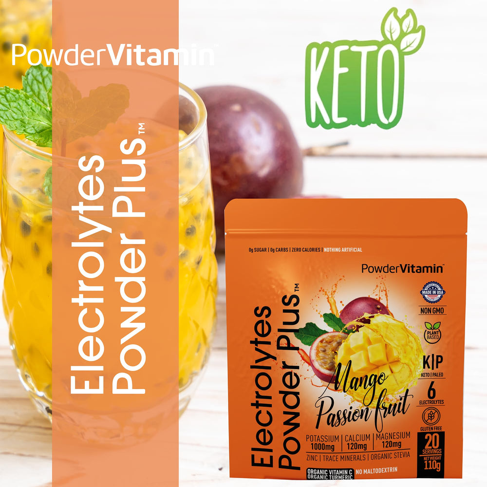 PowderVitamin Electrolytes Powder Plus mango-passionfruit stirred into water for flavor