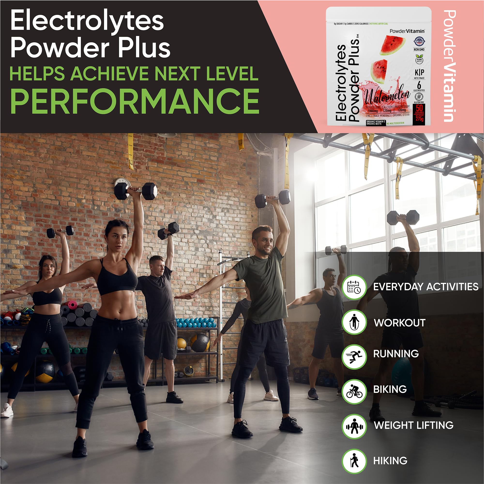 PowderVitamin Electrolytes Plus bottle with fruit-infused water
