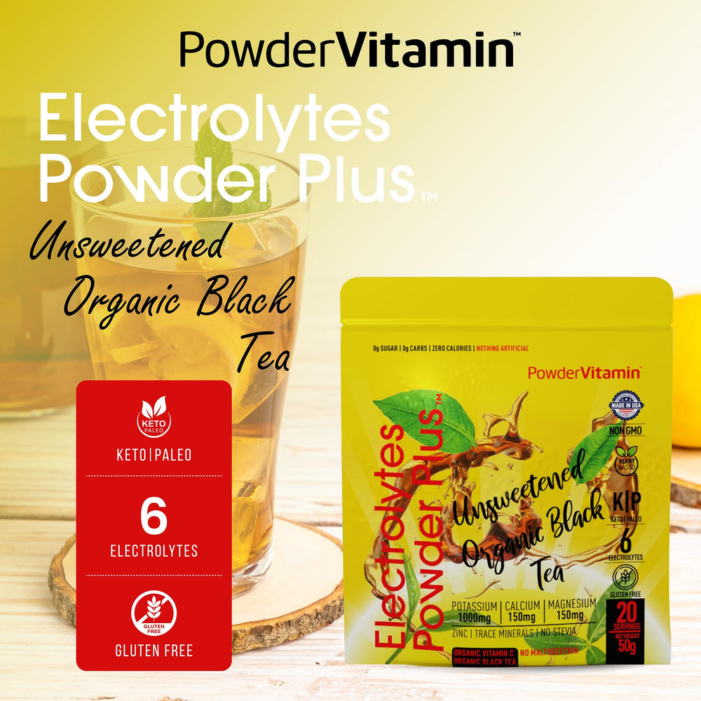 No-stevia label on PowderVitamin Electrolytes Powder Plus emphasizing sugar-free hydration.