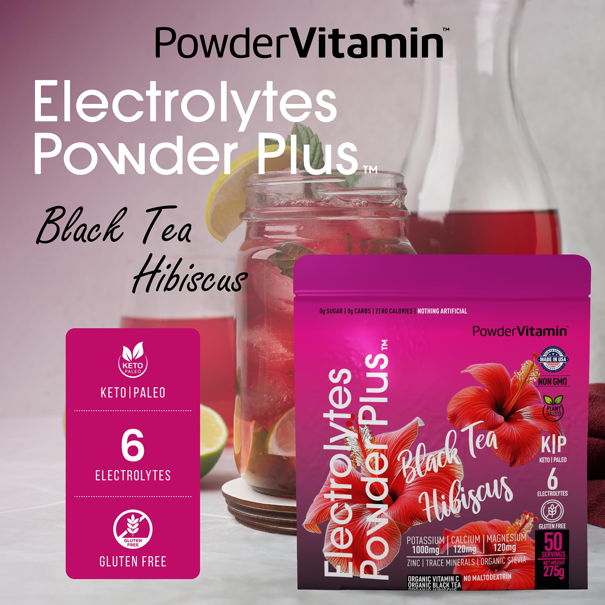 No-sugar PowderVitamin Electrolytes Plus supports keto-friendly hydration.